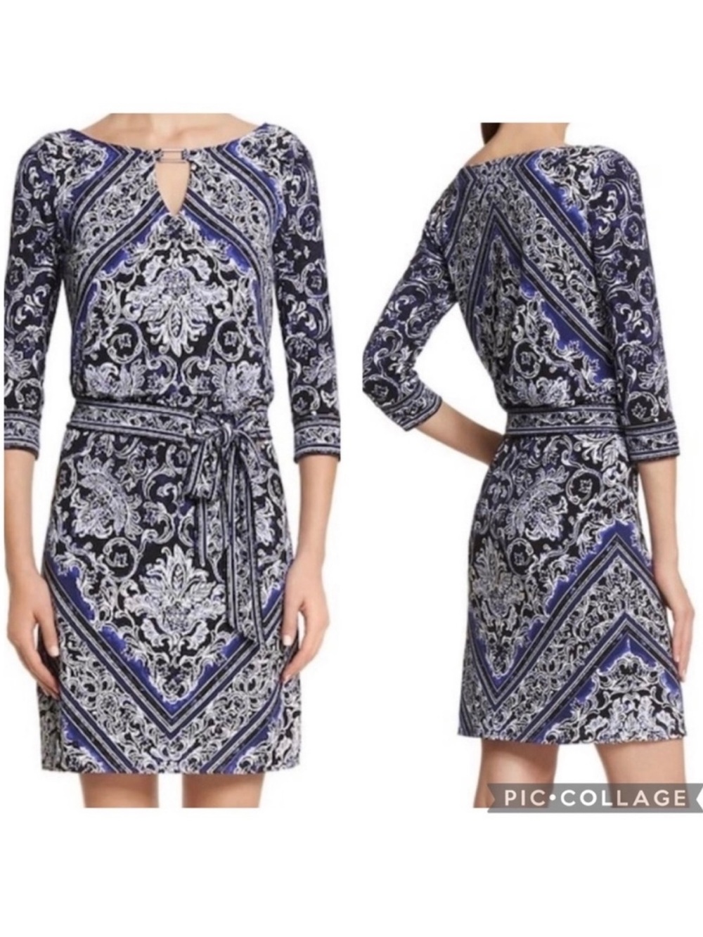 WHBM Women's XS Blue Black Blouson Patterned Keyhole Belted Mini Dress